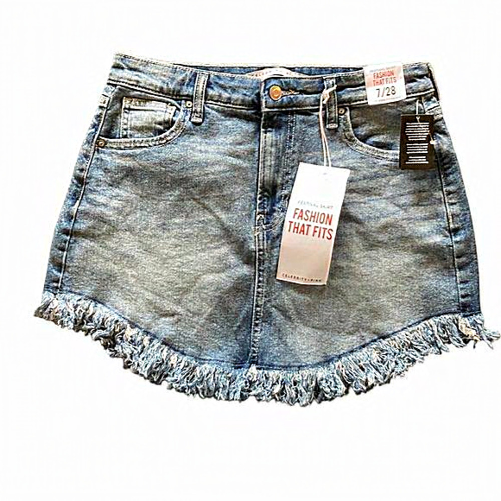 Celebrity Pink Denim Festival Skirt Size 7 Medium Wash Heavy Fringe NWT